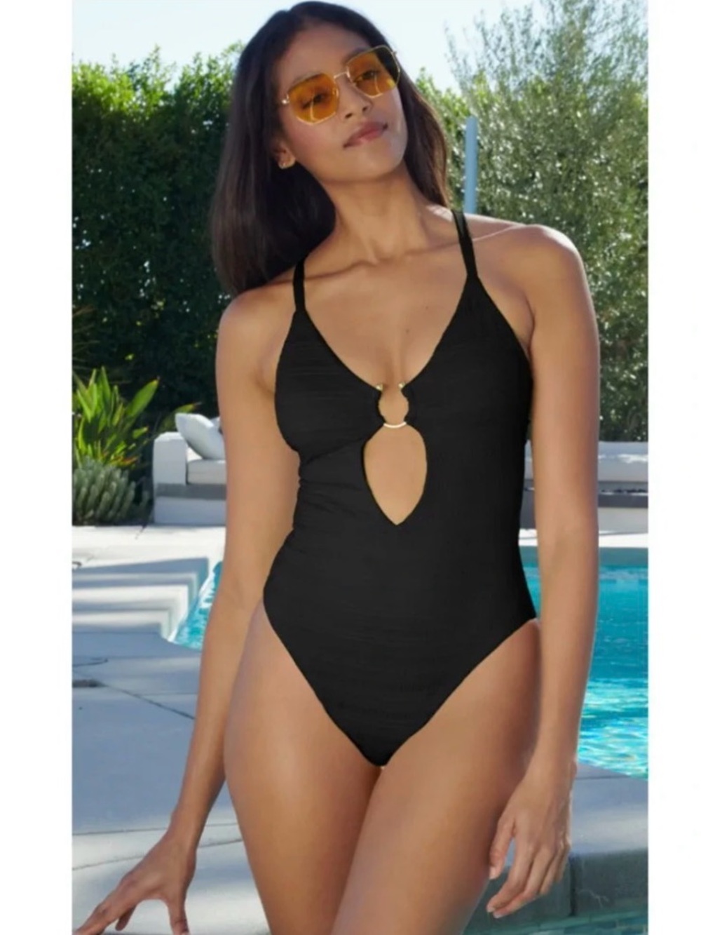 BECCA Rebecca Virtue Coast Cutout Black One Piece Swimsuit Sz L